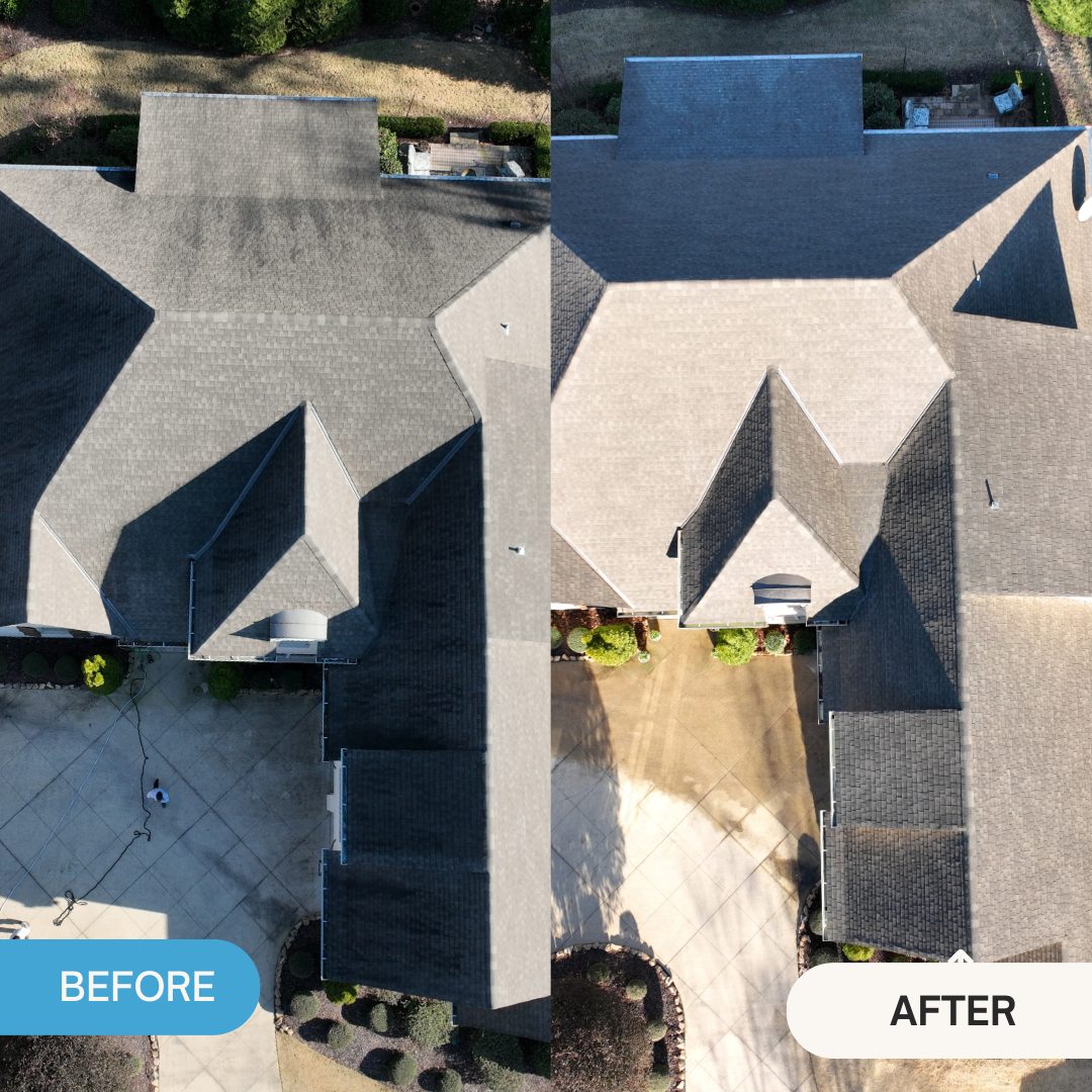 Before and after roof rejuvenation showing restored color and uniformity on a large home