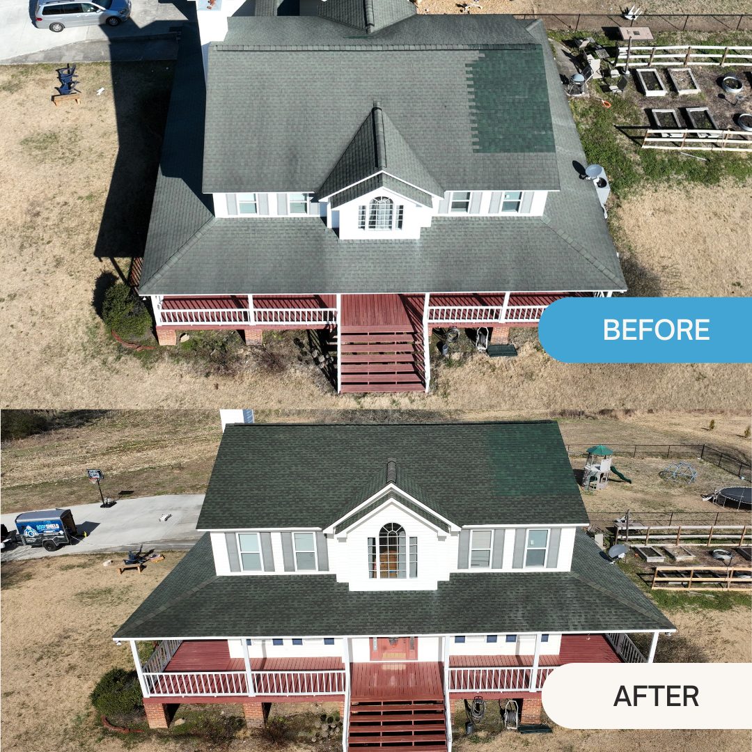 Before and after roof rejuvenation on a farmhouse-style home