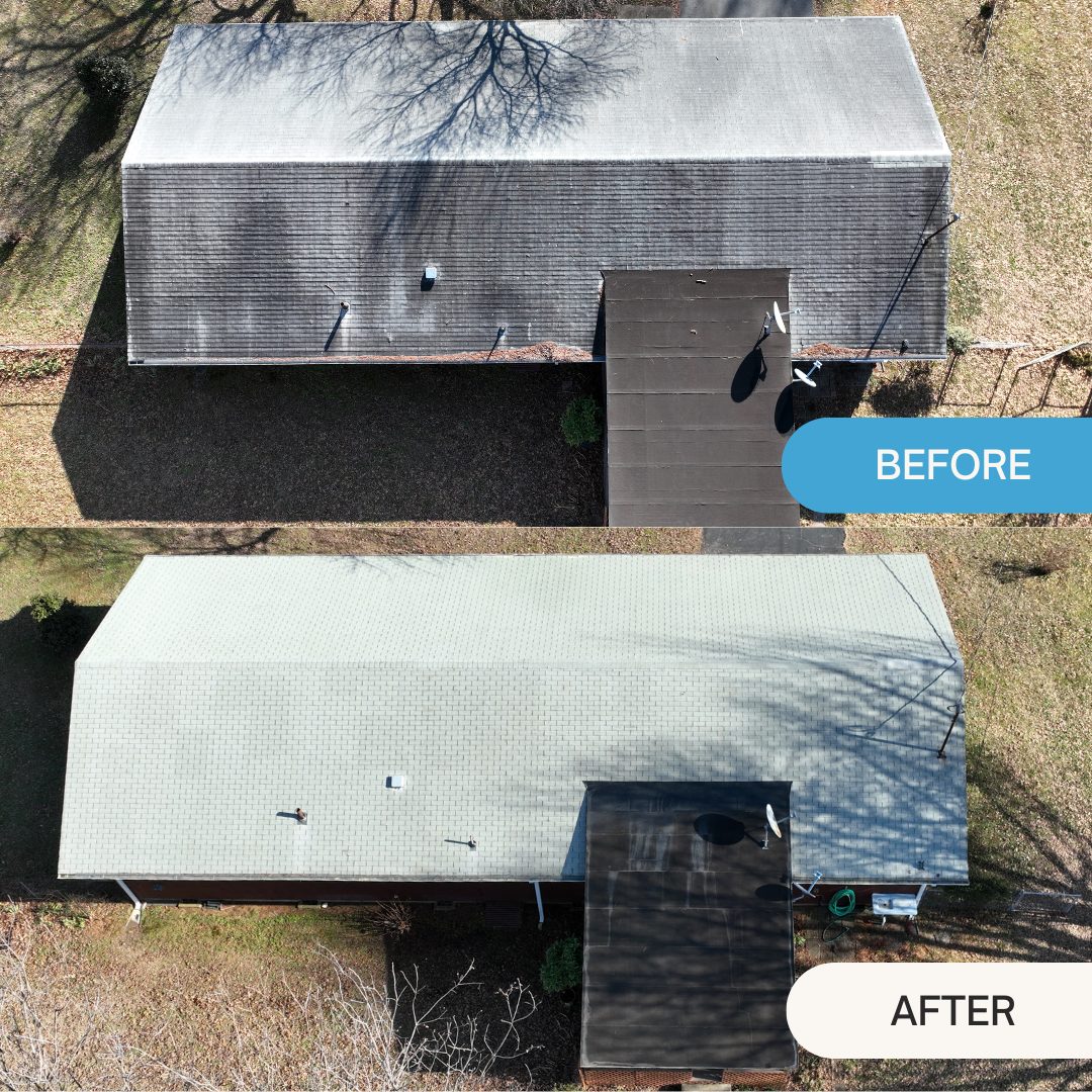 Before and after roof rejuvenation showing dramatic color restoration on a large roof